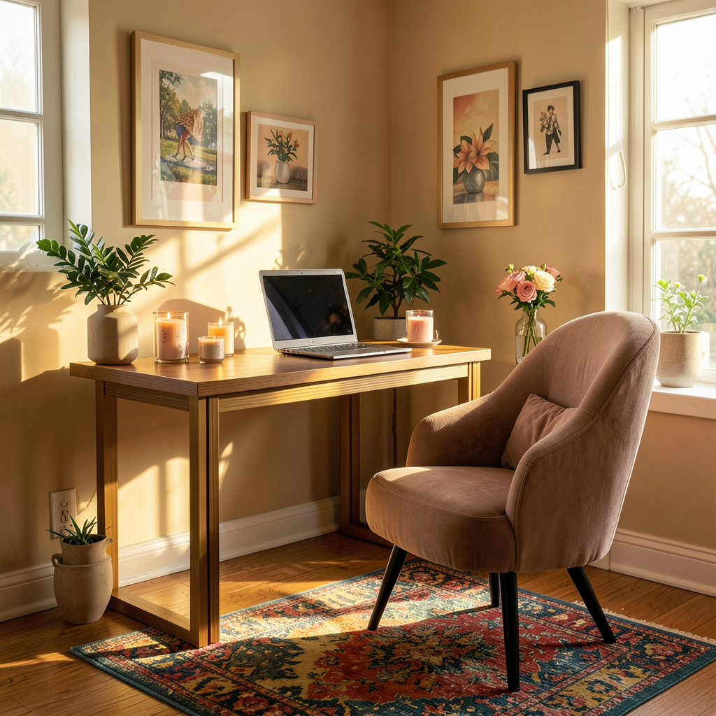 Un bureau contemporain avec rangements intégrés, détails en cuir, décor épuré et éclairage doux