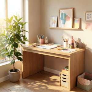 Un bureau Ikea personnalisé, stylisé avec des étagères et des coussins colorés. Bureau Fait Maison