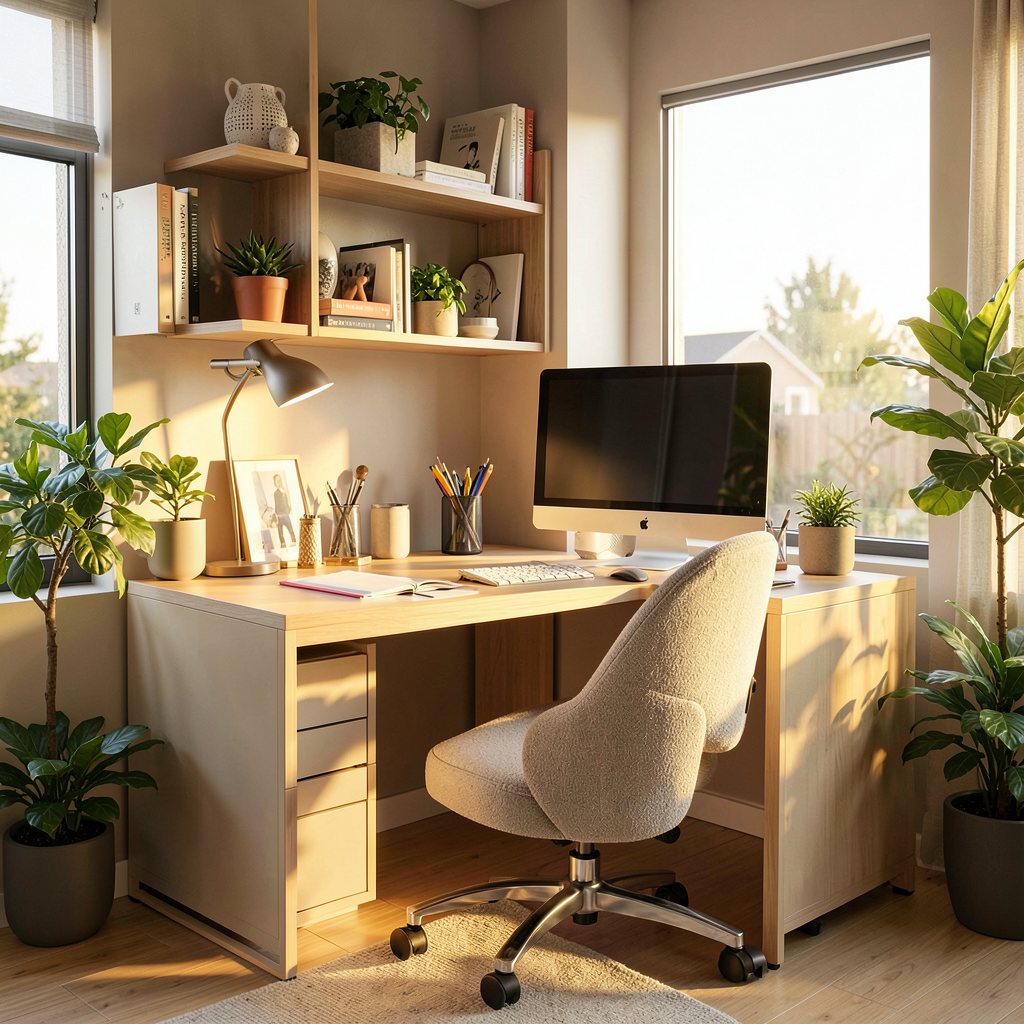 Desure de bureau IKEA transformé avec étagères modulables et rangements personnalisés, illustrant une astuce de bricolage pour bureau