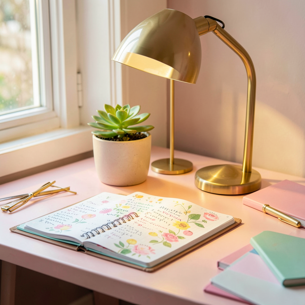 Un coin bureau avec ordinateur, rangements modulables et touche nature intégrée sur un espace étroit