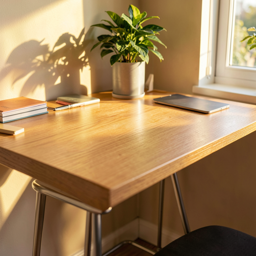 Un plan de travail en bois avec une peinture pastel et des rangements intégrés. Decor De Bureau