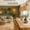 Un salon avec une ambiance bohème, décoré avec des matériaux naturels comme le bois et des textiles moelleux.