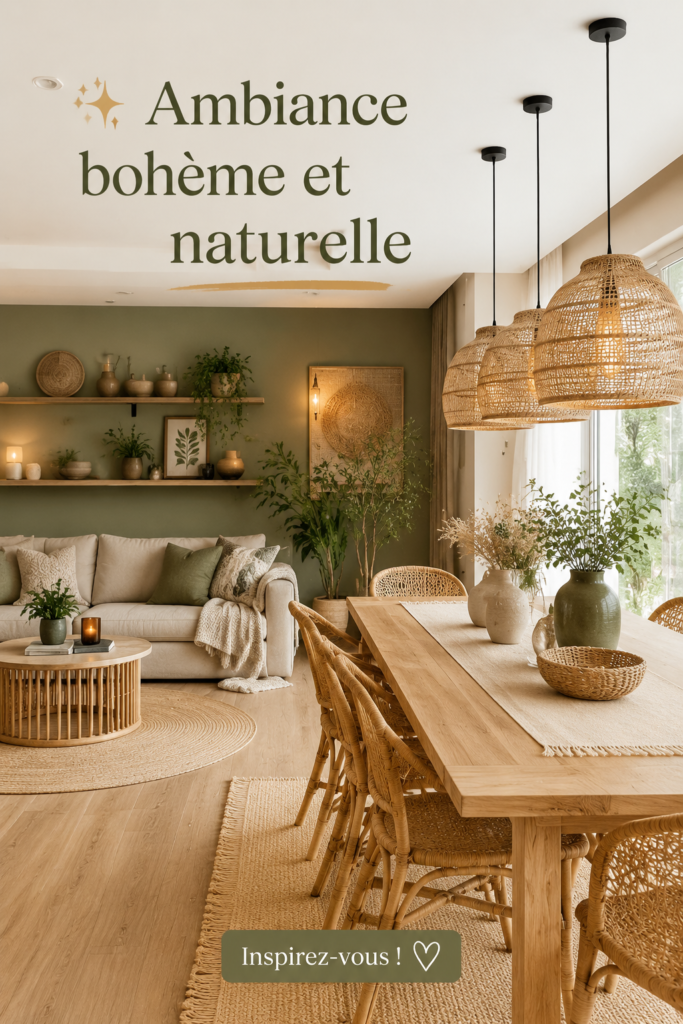 Un salon avec une ambiance bohème, décoré avec des matériaux naturels comme le bois et des textiles moelleux.