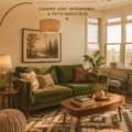 Un salon vintage avec un canapé vert, un tapis coloré, et des éléments décoratifs chaleureux.