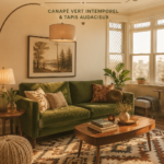 Un salon vintage avec un canapé vert, un tapis coloré, et des éléments décoratifs chaleureux.