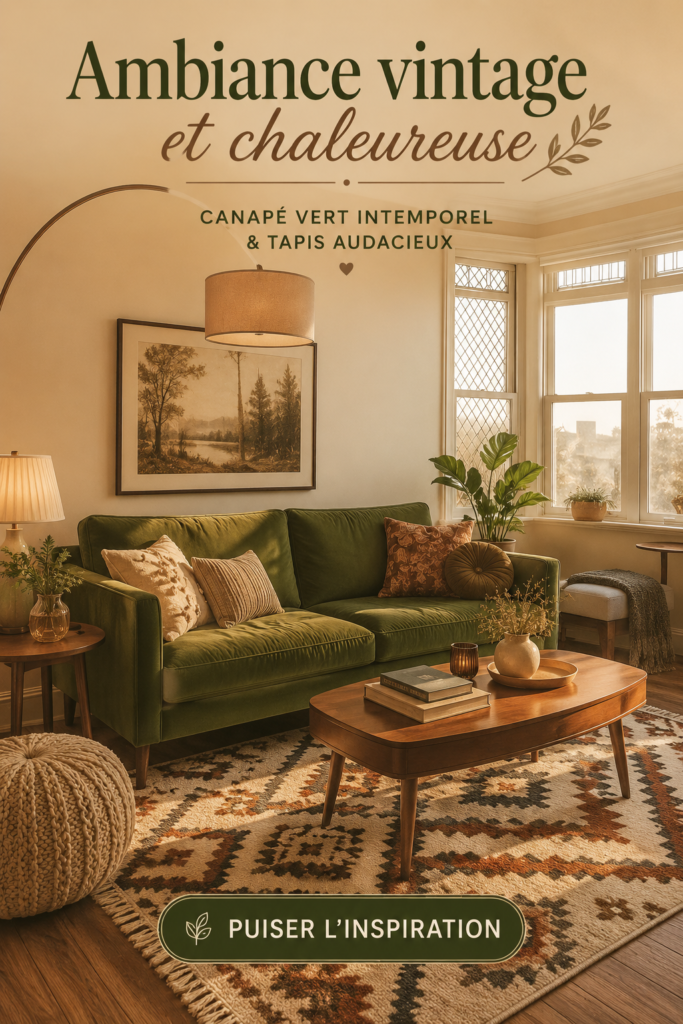 Un salon vintage avec un canapé vert, un tapis coloré, et des éléments décoratifs chaleureux.