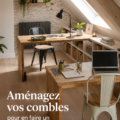 Bureau chaleureux aménagé sous les combles avec un éclairage doux et mobilier fonctionnel.