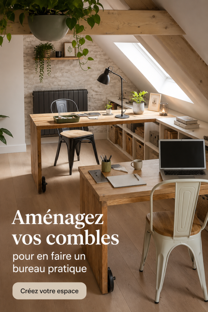 Bureau chaleureux aménagé sous les combles avec un éclairage doux et mobilier fonctionnel.
