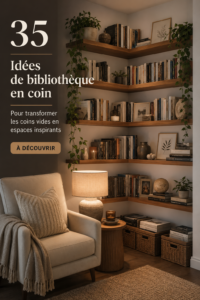 Une élégante bibliothèque d'angle en bois avec des livres et des plantes décoratives