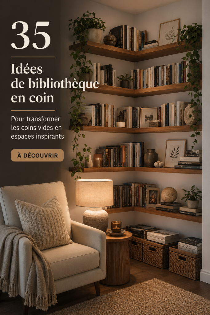 Une élégante bibliothèque d'angle en bois avec des livres et des plantes décoratives