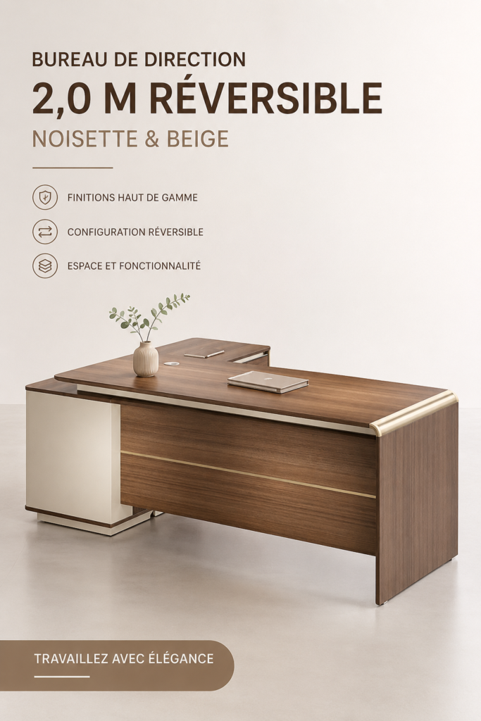 Bureau ANDERSON 2.0M reversible en noyer et beige, parfait pour un espace de travail élégant.