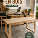 Bureau moderne en bois DIY créé chez soi, avec espace de travail organisé.