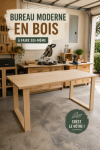 Bureau moderne en bois DIY créé chez soi, avec espace de travail organisé.