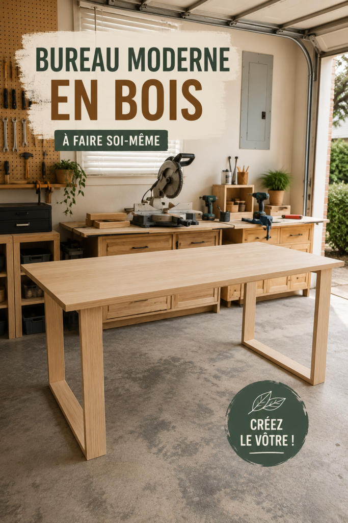 Bureau moderne en bois DIY créé chez soi, avec espace de travail organisé.