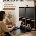 Bureau mural escamotable en bois dans un salon moderne, optimisant l'espace de travail