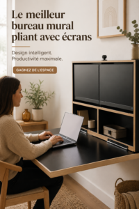 Bureau mural escamotable en bois dans un salon moderne, optimisant l'espace de travail