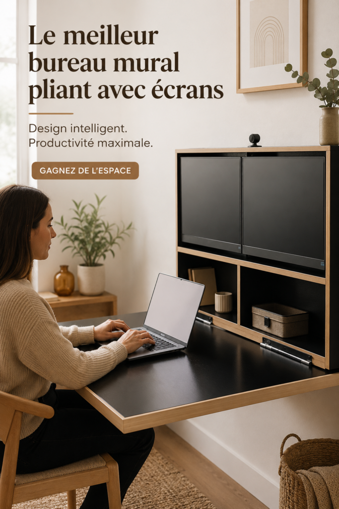 Bureau mural escamotable en bois dans un salon moderne, optimisant l'espace de travail