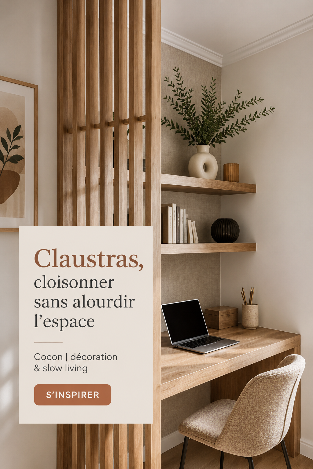 Un intérieur chaleureux avec des claustras décoratifs en bois, délimitant les espaces sans alourdir le décor.