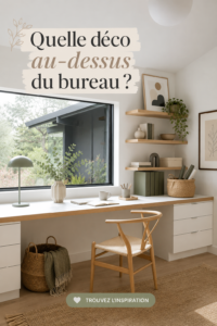Espace de bureau décoré avec des plantes et des cadres au-dessus du bureau.