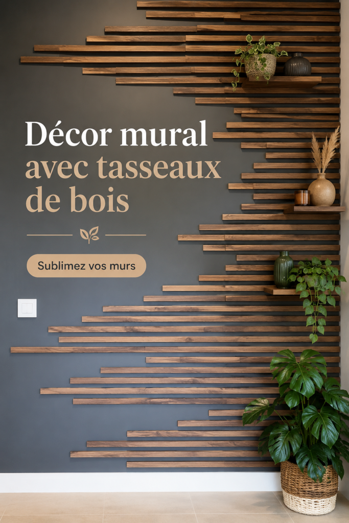 Un salon chaleureusement décoré avec des tasseaux de bois au mur.
