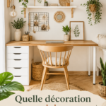 Un bureau à domicile joliment décoré, avec plantes et accessoires modernes.