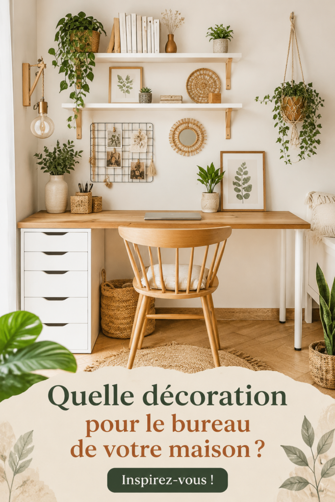 Un bureau à domicile joliment décoré, avec plantes et accessoires modernes.