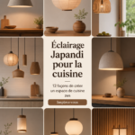 Une cuisine au style Japandi avec un éclairage doux et apaisant.