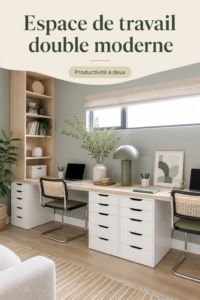 Un espace de travail moderne et accueillant avec deux bureaux bien agencés.