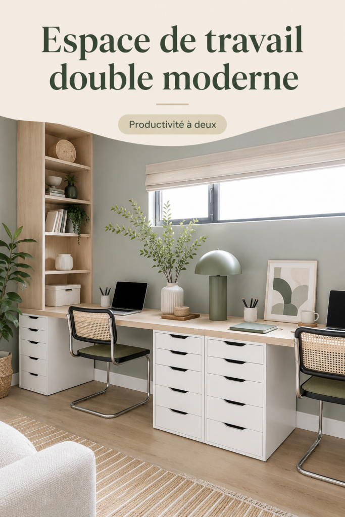 Un espace de travail moderne et accueillant avec deux bureaux bien agencés.