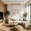 Salon moderne au style scandinave avec canapé, table en bois et décor épuré