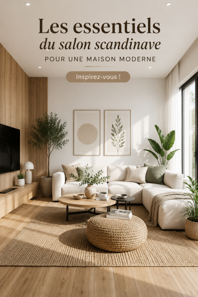 Salon moderne au style scandinave avec canapé, table en bois et décor épuré