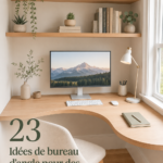 Bureau d'angle moderne en bois clair avec espace de travail organisé