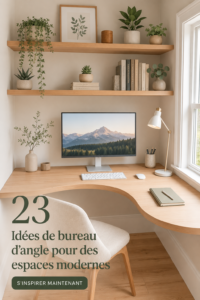Bureau d'angle moderne en bois clair avec espace de travail organisé