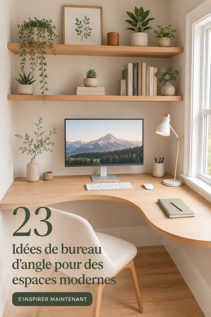 Bureau d'angle moderne en bois clair avec espace de travail organisé