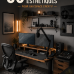 Un bureau esthétique avec des plantes, des accessoires modernes et une lumière douce.