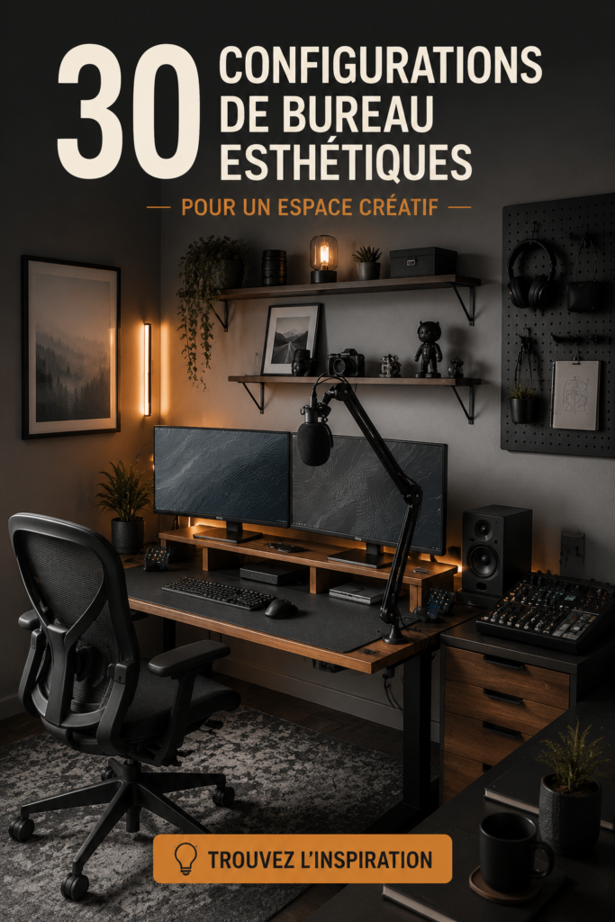 Un bureau esthétique avec des plantes, des accessoires modernes et une lumière douce.