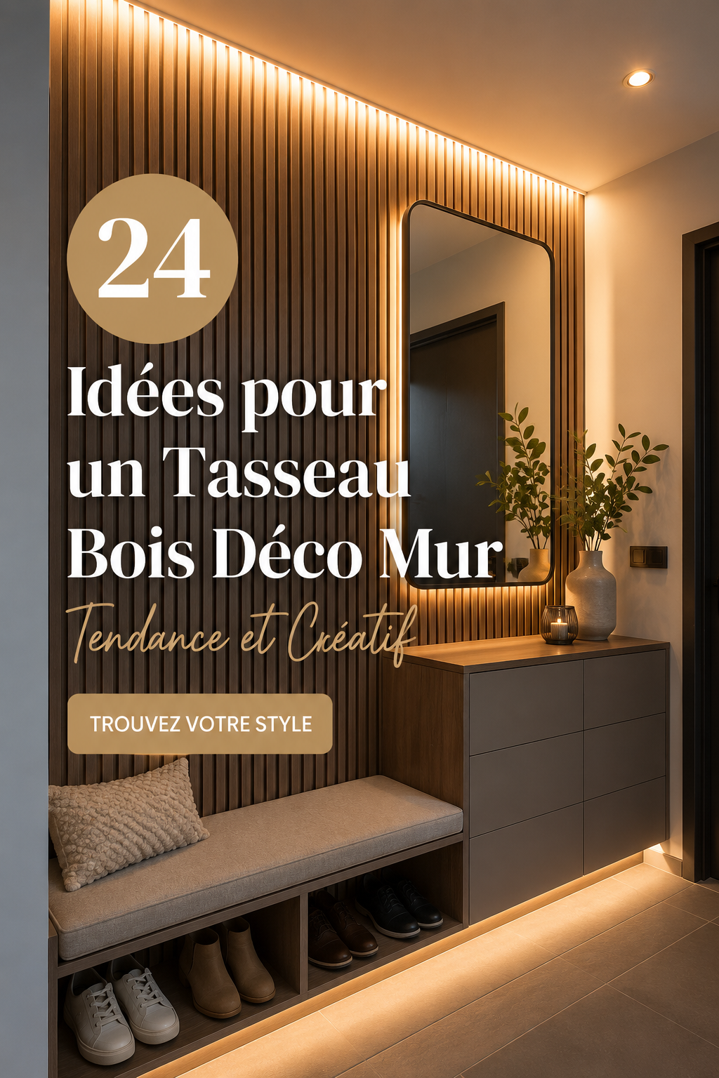 Mur décoré avec des éléments en bois créatifs et modernes