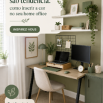 Bureau à domicile avec des touches de vert apaisantes et des plantes d'intérieur.