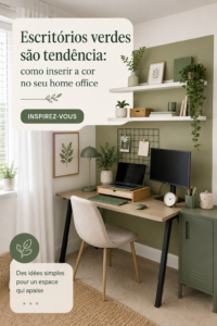 Bureau à domicile avec des touches de vert apaisantes et des plantes d'intérieur.