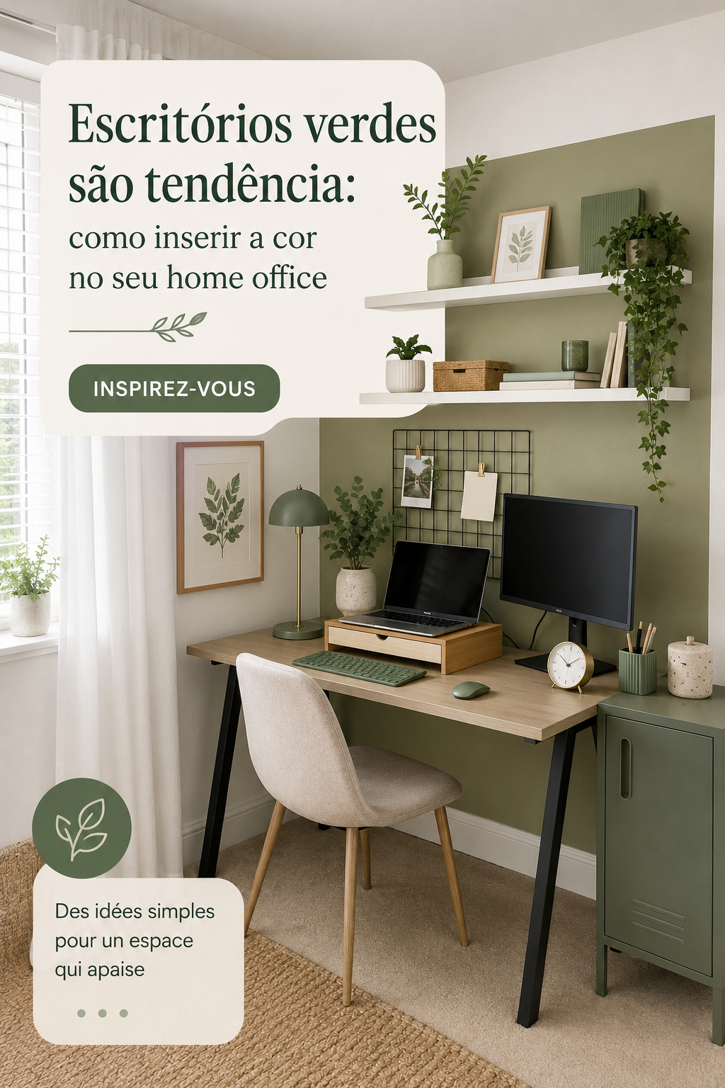 Bureau à domicile avec des touches de vert apaisantes et des plantes d'intérieur.