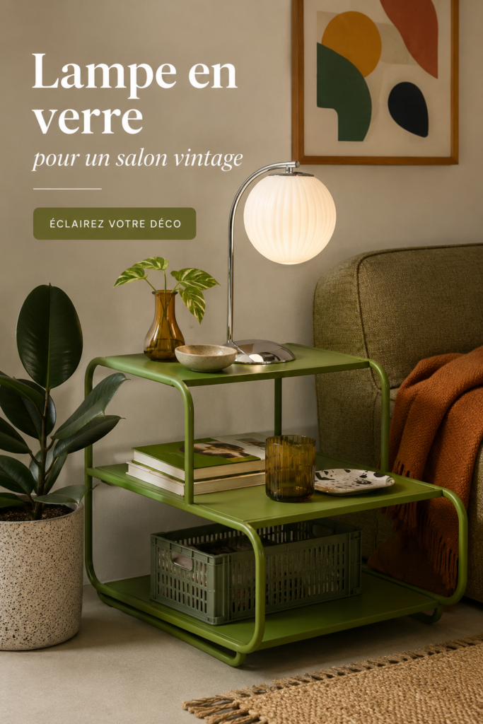 Lampe en verre vintage sur une table dans un salon élégant.