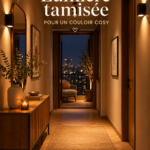 Couloir éclairé avec une lumière tamisée créant une ambiance cosy