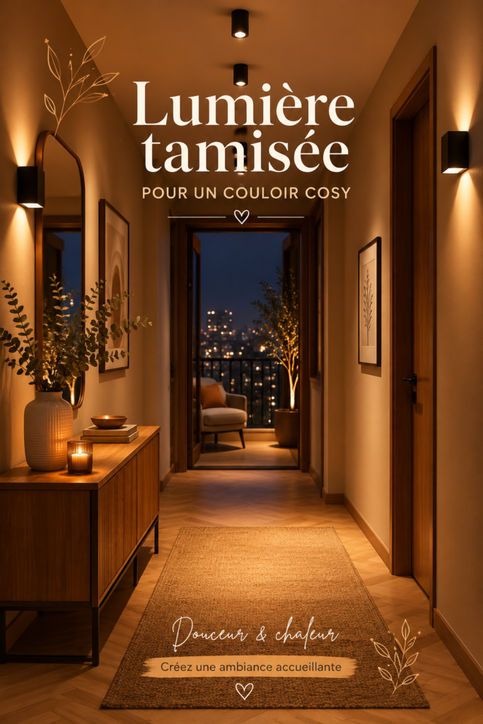 Couloir éclairé avec une lumière tamisée créant une ambiance cosy