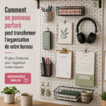 Tableau perforé décoré de fournitures de bureau bien organisées.