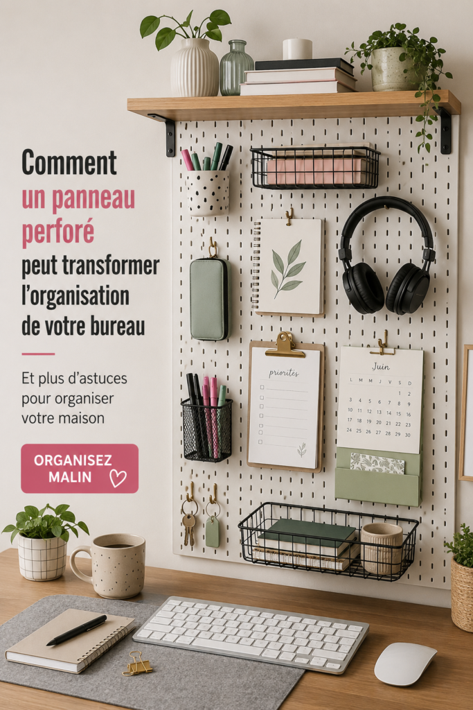 Tableau perforé décoré de fournitures de bureau bien organisées.