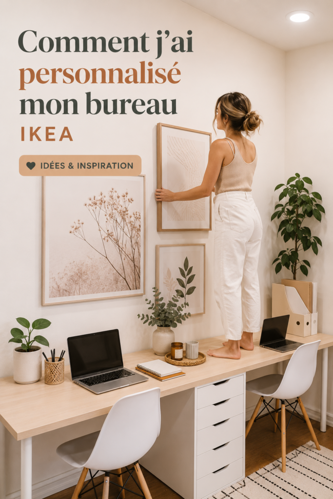 Un bureau IKEA personnalisé avec des accessoires tendance et une décoration soignée.