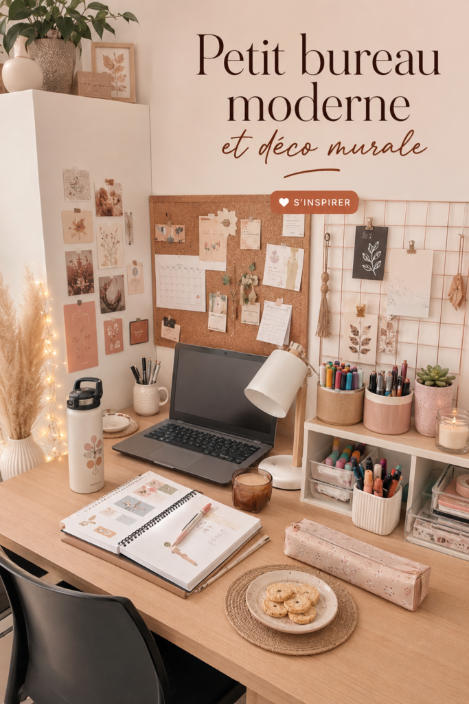 Un petit bureau moderne avec une décoration murale inspirante et organisée.