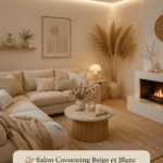 Un salon cocooning beige et blanc avec des coussins et des plaids confortables.