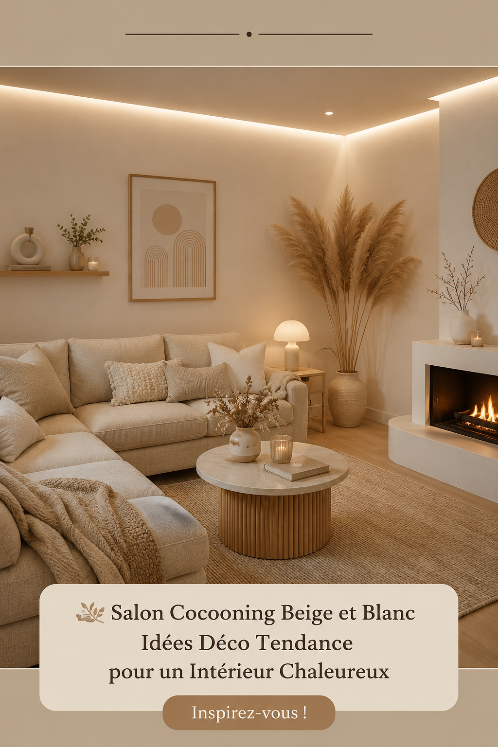 Un salon cocooning beige et blanc avec des coussins et des plaids confortables.