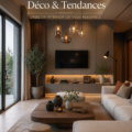 Un salon moderne décoré avec des éclairages élégants et des meubles contemporains.
